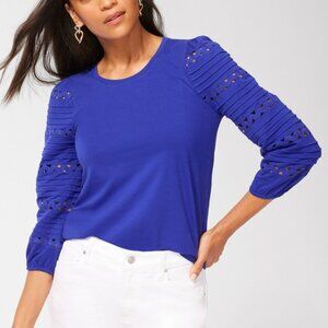 Chico's Rick Rack Puff Sleeve Crew Neck Knit Blouse Top Blue Womens Size Medium